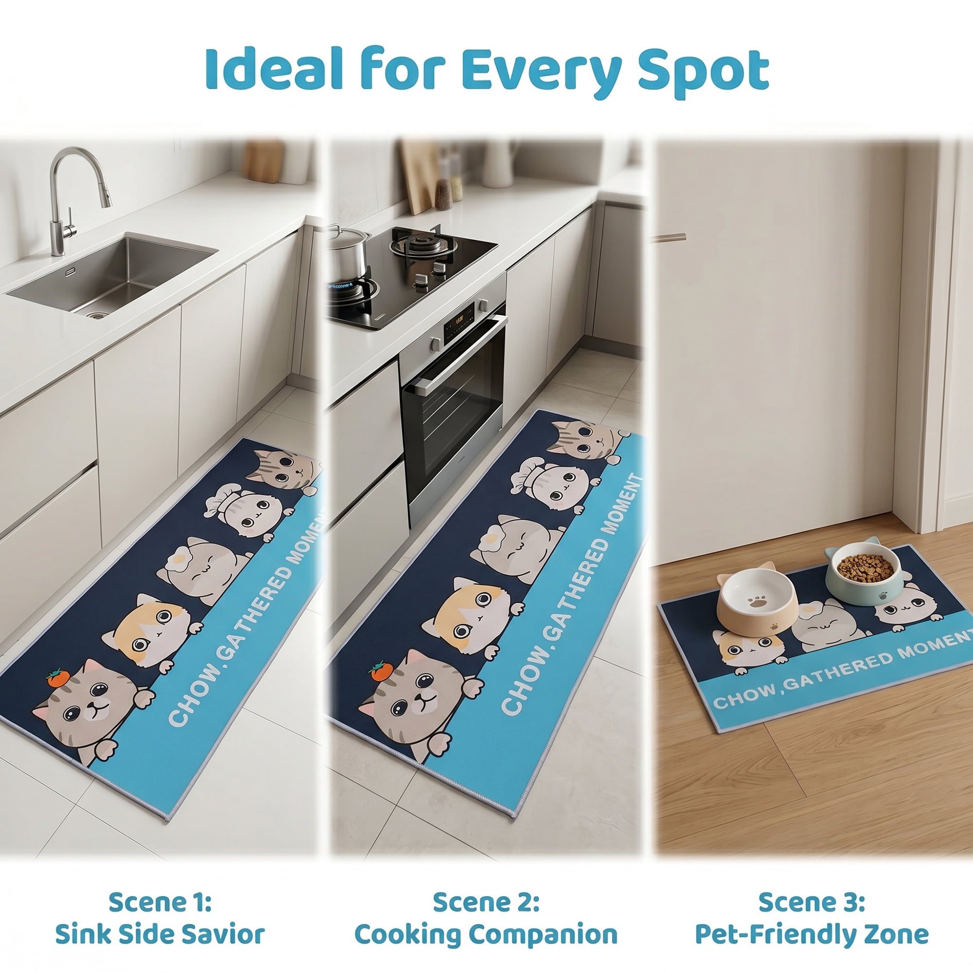 Unique Bargains Non Slip Cat Floral Printed Kitchen Rugs and Mat Dark Blue 31"x20"+47"x20"