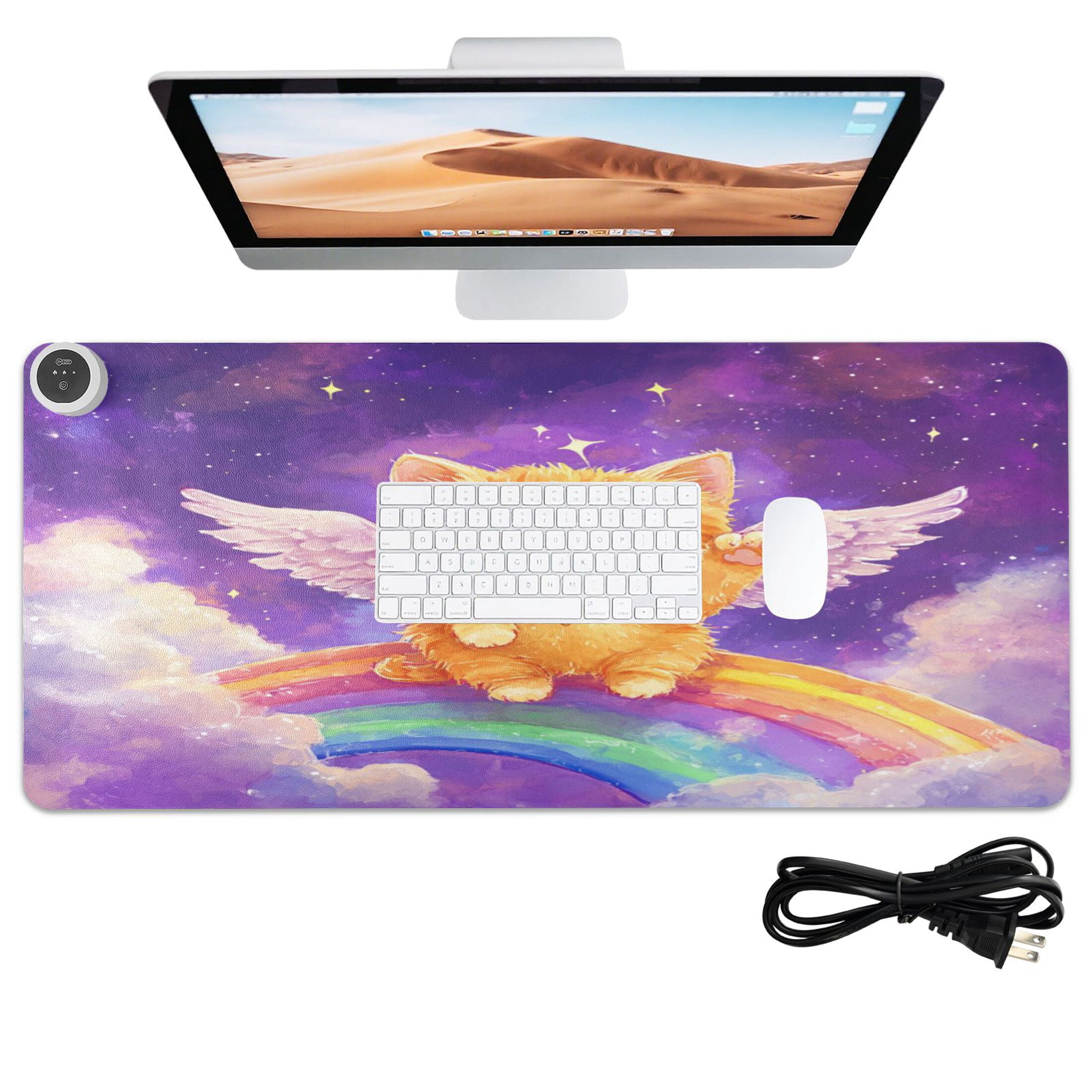 Wobogo Rainbow Angel Cat Heated Mouse Pad Extra-Large Desk Mat With 3 Heating Levels and 3-hour Auto Shut-Off Protection Ideal for Computer Keyboards Home Office Hand-warming Essential 31.5in × 13in