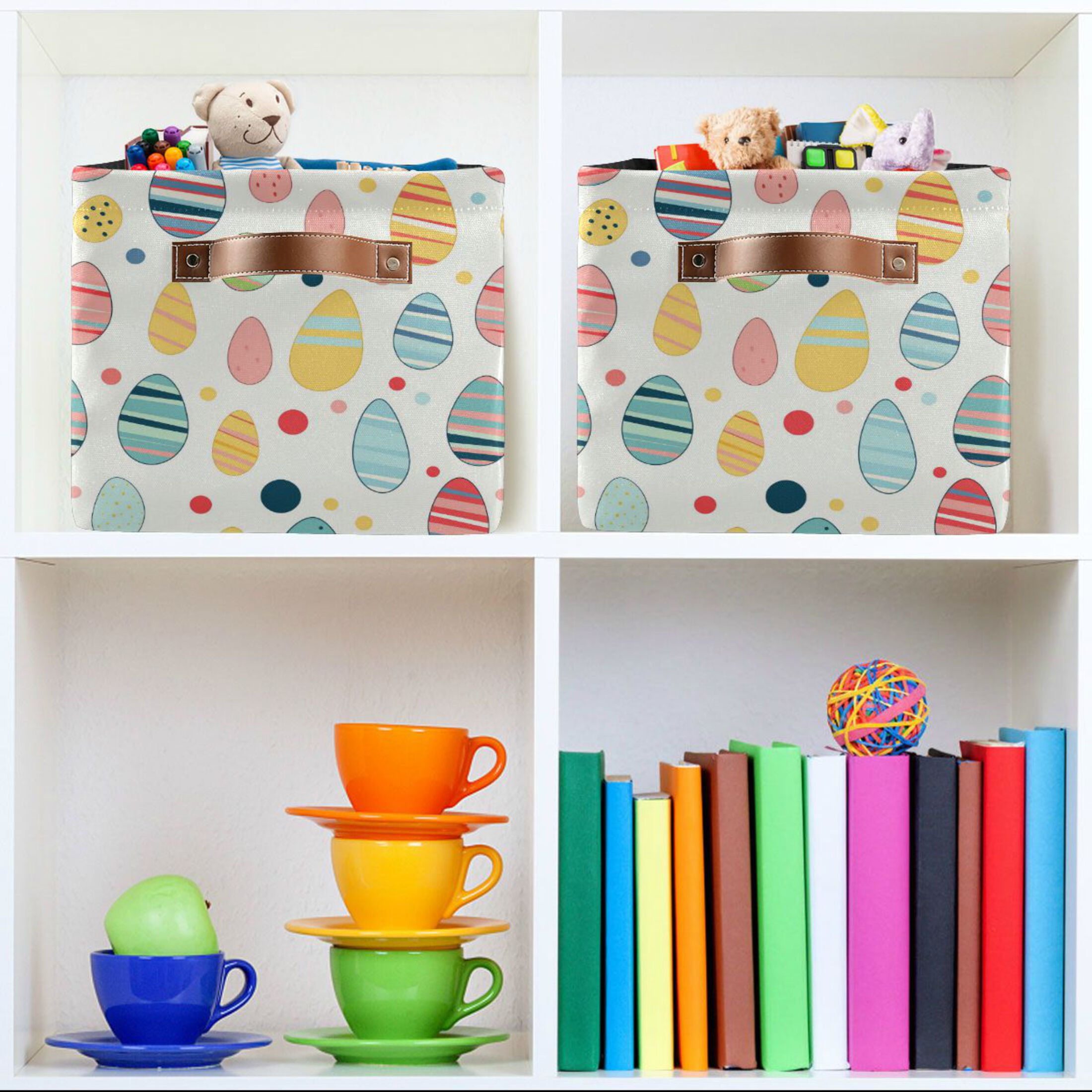Easter Eggs with Color Stripes Storage Bins with Handle Fabric Organizer Basket Foldable Box 2 Pack 14.2x10.2x8.3
