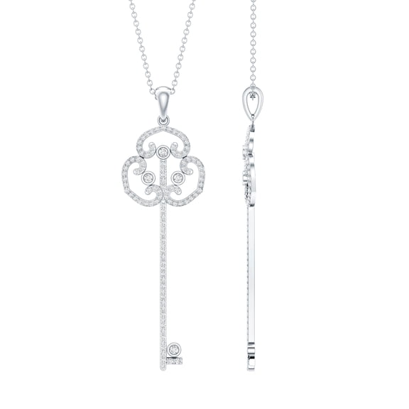 Rosec Jewels Lab Diamond Key Pendant with Chain (EF-VS Quality) - Long Vintage Necklace - Anniversary Gift, 925 Sterling Silver