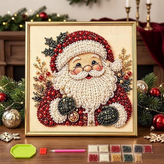DIY Christmas Pearl Diamond Painting Art Kit with Frame, Christmas Ornaments for Adults, Relaxing & Beginner-Friendly Pearl Diamond Painting Hanging Kit for Home Wall Decor