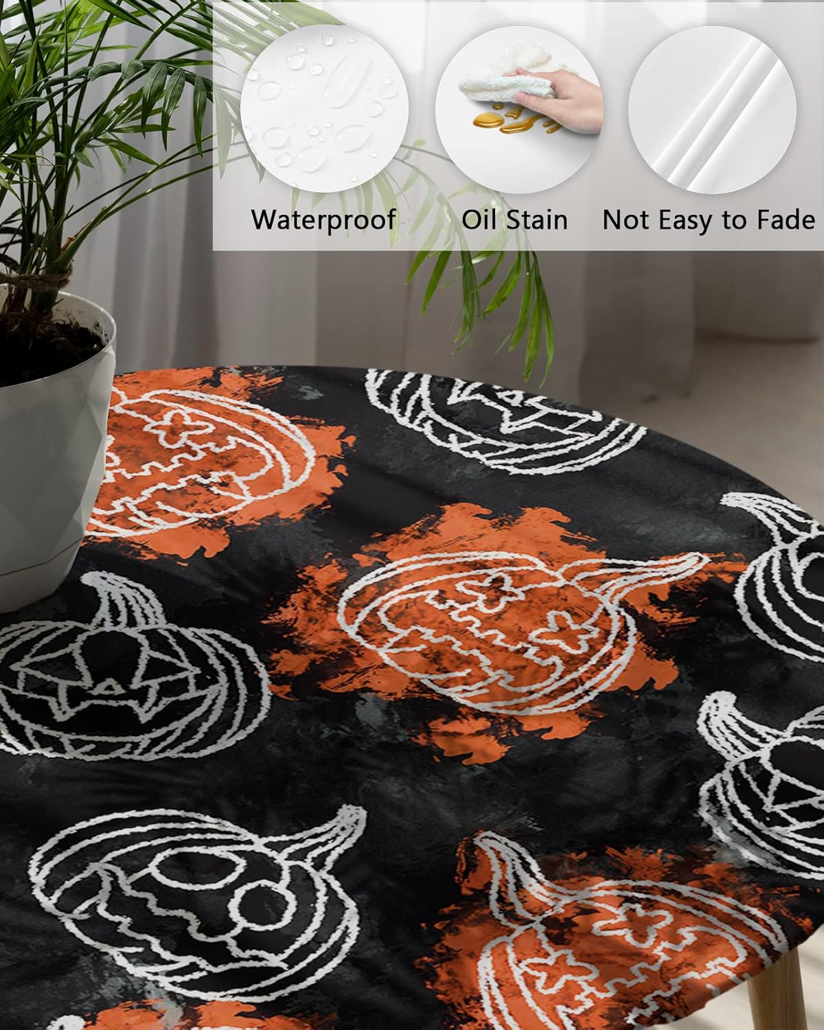 Halloween Round Fitted Tablecloth,Pumpkin Ghost Face Waterproof Elastic Edged Table Cover for Kitchen Dining Indoor Outdoor Holiday Party,Fits 45"-52" Tables,Orange and Black