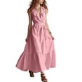 thumbnail image 6 of Women's Maxi Dress V Neck Sleeveless Ruffle Trim Tie Waist Tiered Dress Flowy Casual Summer Vacation Sundress Pink S, 6 of 6