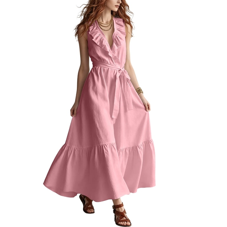 JIA JIA SHUANG Flowy Dresses for Women Cute Ruffled Deep V Neck Sleeveless Cinching Dress Fashion Party Prom Long Dress with Belt(Sky Blue,Small)