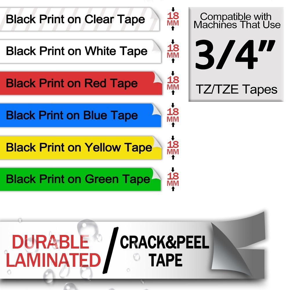 GREENCYCLE 6PK TZe 141 241 441 541 641 741 Compatible for Brother P-touch 18mm Black on Clear White Red Blue Yellow Green Laminated Label Maker Tape