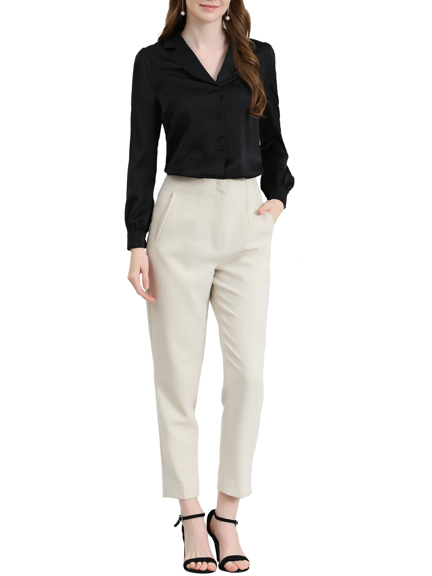 DARING DIVA Women's Flat Collar Button Down Office Satin Shirt L Black