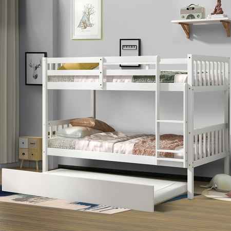 Anysun Bunk Bed with Trundle-Wood Frame for Kid's Room-Twin over Twin-White