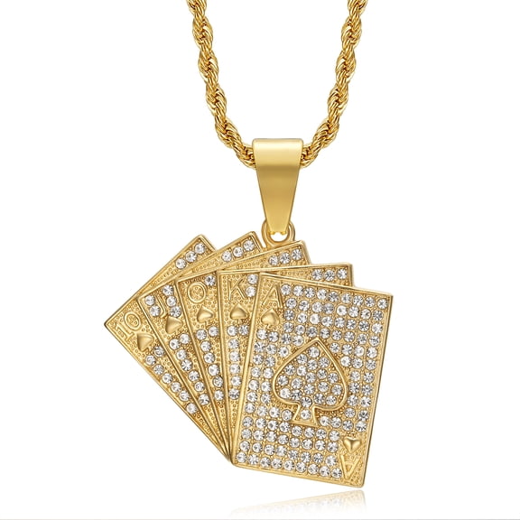 NEGS 18K Gold Plated Poker Card Ace of Spade Pendant 24'' Chain Hip Hop Playing Cards Game Gambling Stainless Steel Necklace for Men