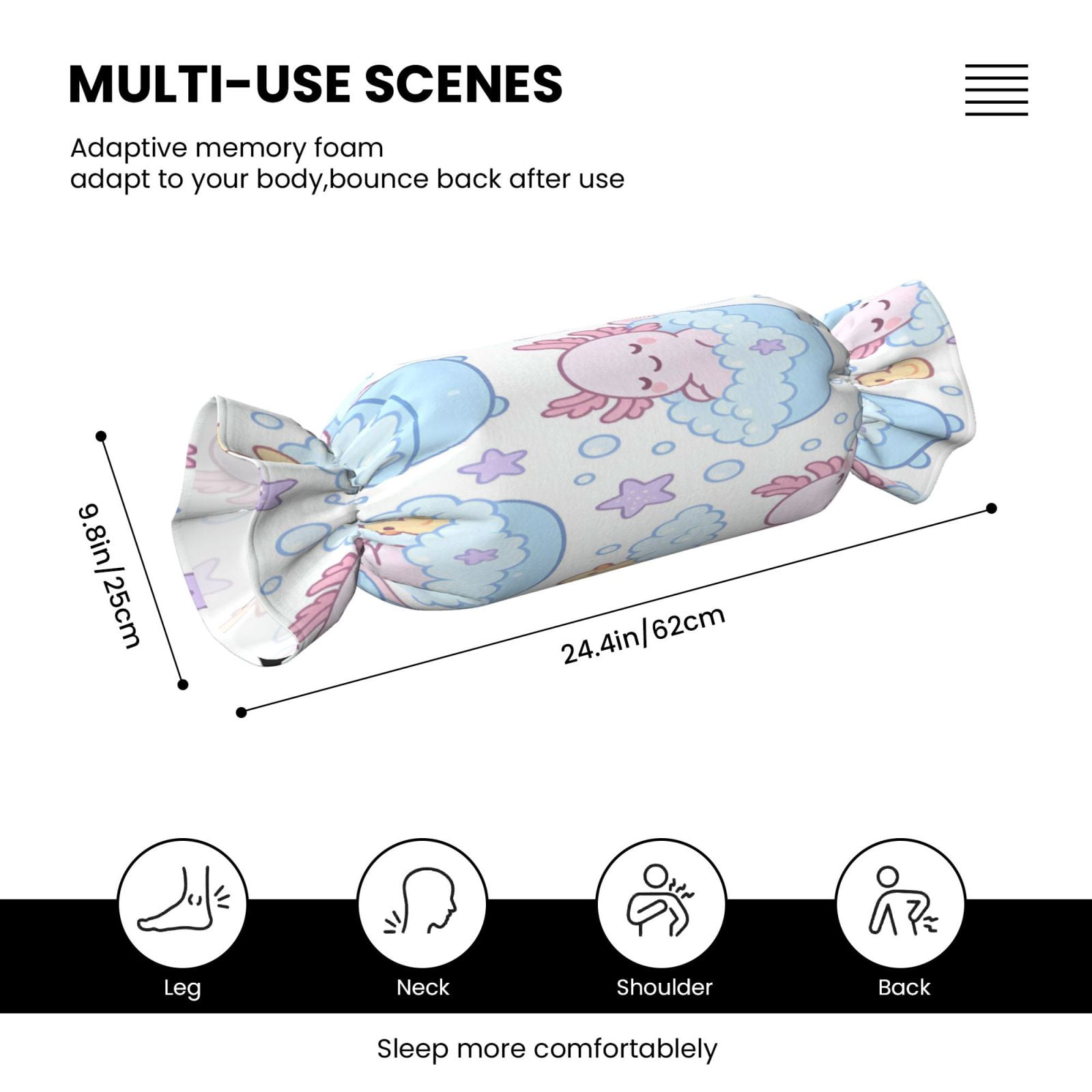 Candy Throw Pillow Travel Cervical Pillow Cylindrical Neck Body Cushion With Insert For Bed Couch Home Decor 9.8x24.4in Bubble Bath Axolotls - Pastel Daydream
