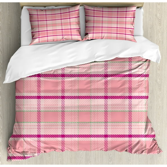 Pink Duvet Cover Set, Tartan Plaid Pattern with Squares in Magenta Pistachio Green Colors, Decorative 3 Piece Bedding Set with 2 Pillow Shams, Calking Size, Pale Pink and Multicolor, by Ambesonne