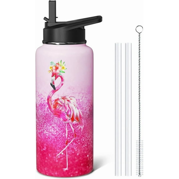 Flamingo Gifts 32oz Water Bottles for Women Girls, Pastel Aesthetic Stainless Steel Leak Proof Sport & Gym Water Bottle with Flip Straw & Spout Lid (1 PC)