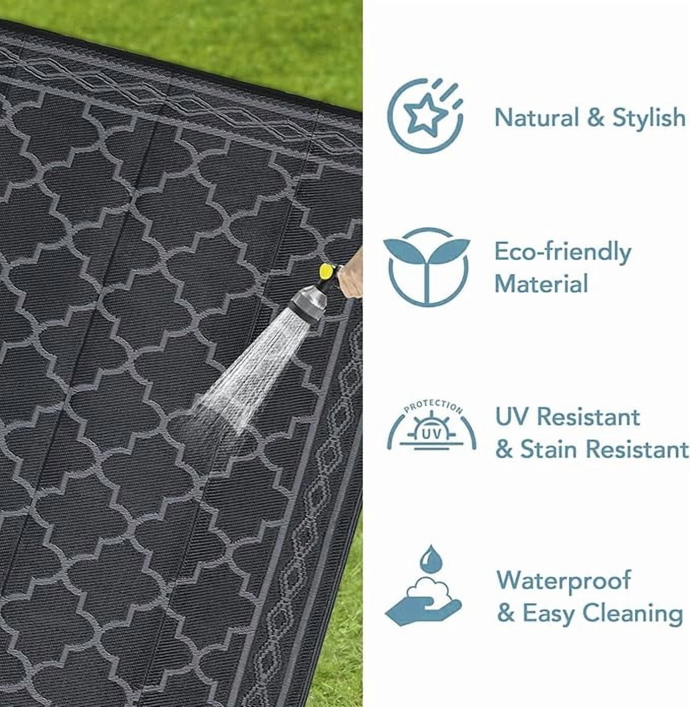 Outdoor Rug 10x14 Reversible Mats, Plastic Straw Rug, Large Floor Mat and Rug for Outdoors, Modern Area Rug, Patio, Backyard, Deck, Picnic, Beach, Trailer, Camping, Black/Grey(Geometric)
