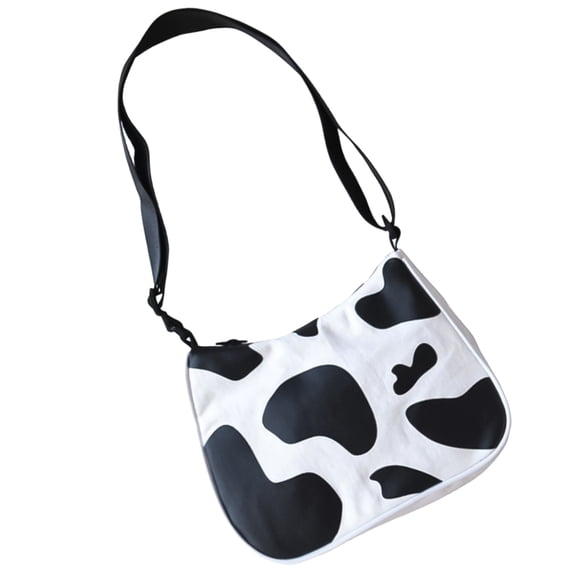 MLINS Fashionable Canvas Bag for Woman with Cow Pattern Black Adjustable Shoulder Strap Casual Handbag 10.5x6.5x2.5in