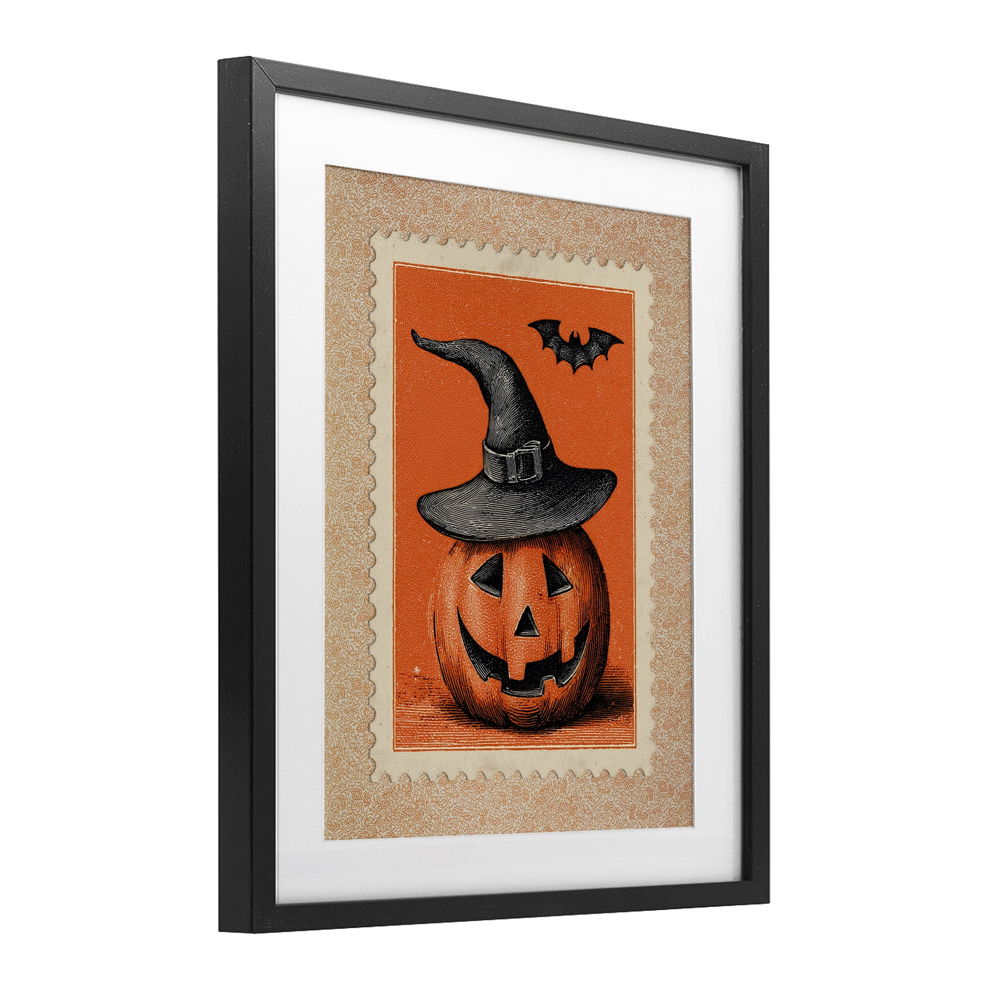 Vintage Jack-o-Lantern Stamp Black Framed Print Under Glass, design by Arlington Prints