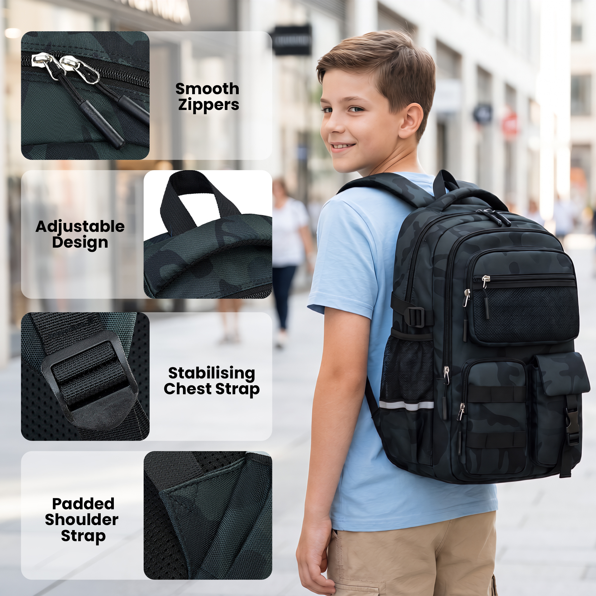Mochila Escolar para Niños Grados 1-5, Camuflaje Repelente al Agua con Tiras Reflectantes, Transpirable para Primaria y Secundaria, 22L 4