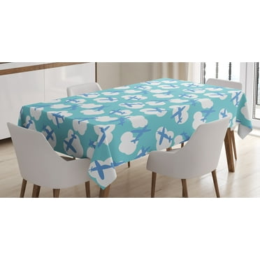 Ambesonne Airplane Tablecloth Rectangular Table Cover, Boy Playroom, 60"x90", Turquoise White Blue