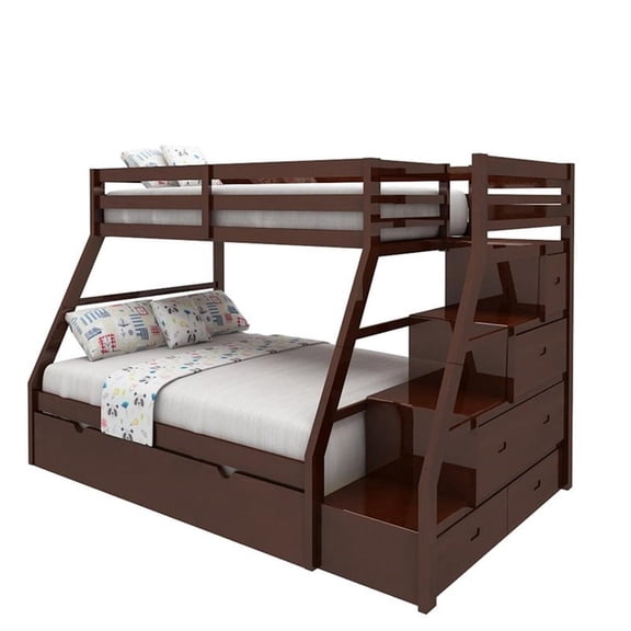 Pemberly Row Contemporary Pine Wood Twin over Full Storage Bunk Bed in Espresso