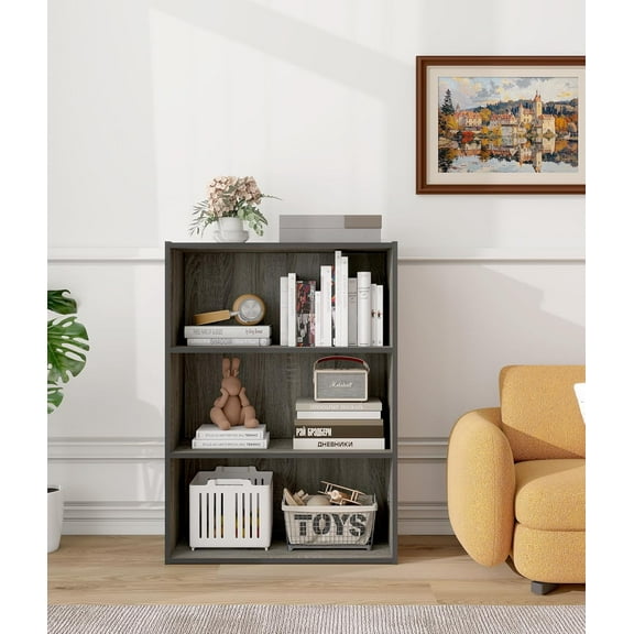 3 Tier Wooden Bookcase with Rustic Wood Shelves, Engineered Wood Vertical Bookshelf, Wide Standing Book Shelf for Bedroom, Office, Living Room, Dark Gray