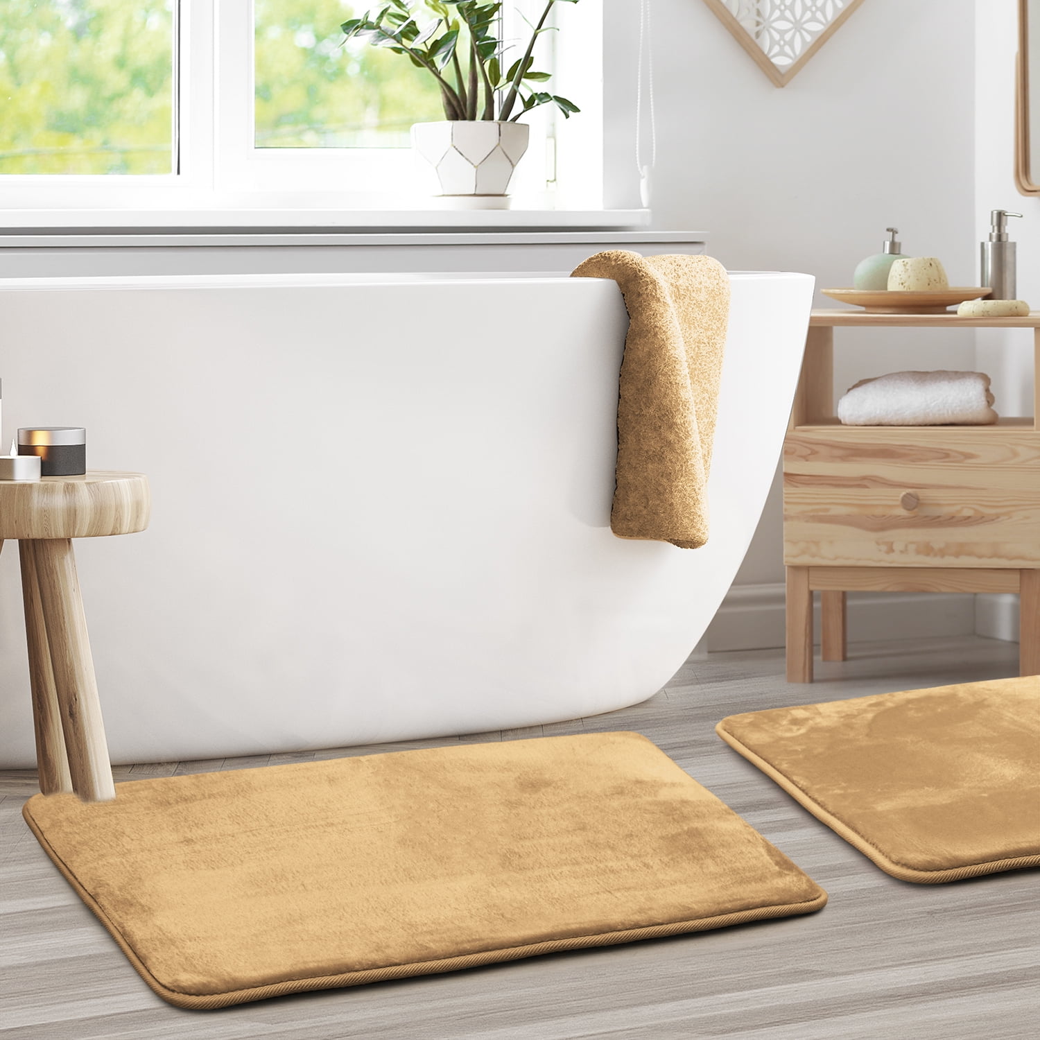 2 Piece Premium Memory Foam Bathroom Mat Set - Absorbent Luxury Plush Non Slip Carpet for Tub Shower & Bath Room, Soft Floor Mats, Machine Washable - Set of 2 20x32 inch Bath Rugs, Camel Gold