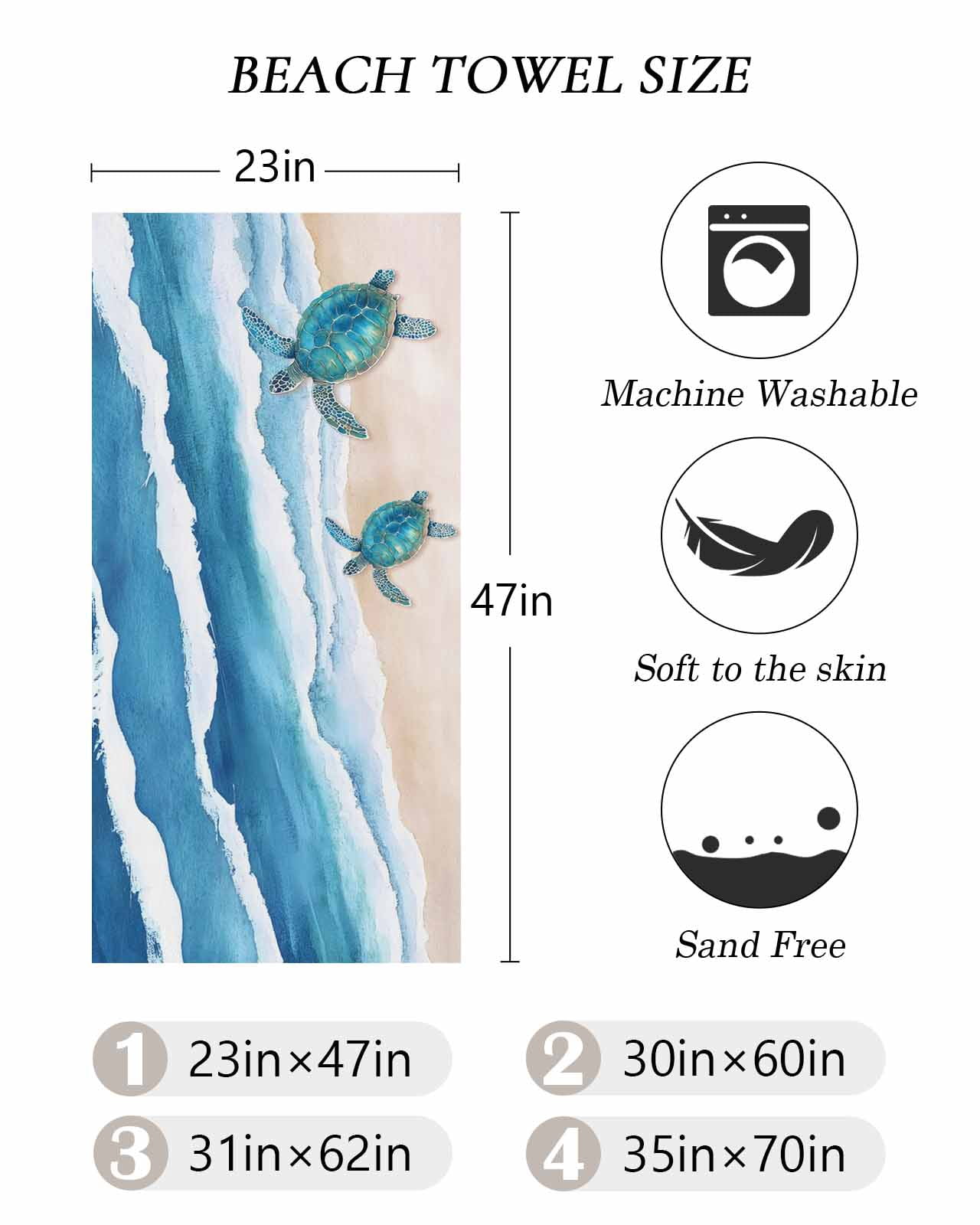 Blue Coastal Beach Towels Oversized Super Absorbent, Sea Turtle Summer Beach Waves Nautical Lightweight Bath Towel Quick Dry Sets For Bathroom/Pool/Rv Camping/Beach Play/Gym Room/Picnic 23"x47"