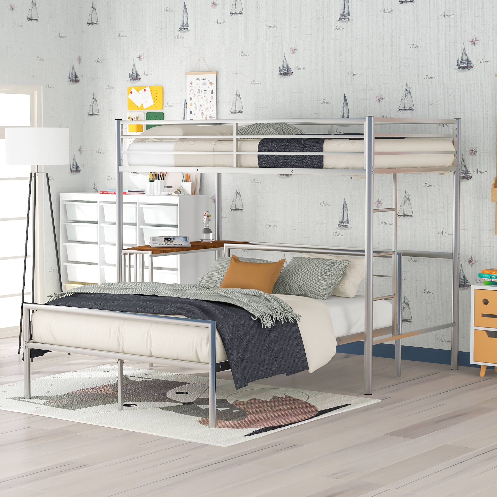 Multiease Twin Over Full Metal Bunk Bed With Desk Ladder And Guardrail For Bedroom Walmart Com