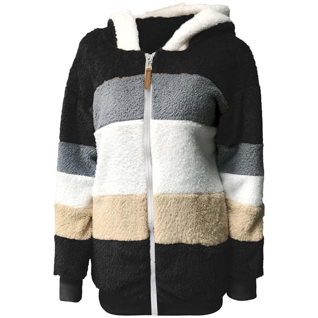 Otoño Invierno chaquetas de felpa para mujer con capucha suelta manga larga cremallera abrigo chaqueta de talla grande Casual rayas abrigos cálidos Adepaton HMFJ309-3