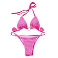 thumbnail image 2 of Wuxian Women Two Piece Swimsuits Sequin Halter Backless Lace Up Solid Color Deep Triangle V-Neck Bandeau Bandage Thong Bikini Set Push Up Brazilian Swimwear Beachwear Bathing Suit,Red,L, 2 of 6