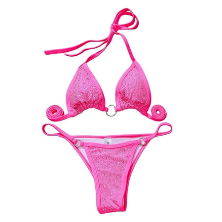 JIANJIA Swim Suits for Women Summer Rhinestone Solid Color Lace Up Halter Sexy Brassiere With Thongs Brazilian Two Piece Bikinis Swimwears Activewear Pink S