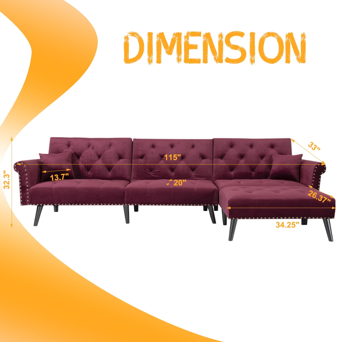 Kepooman L-Shaped Sectional Sofa, Wine Red Polyester, Convertible Sofa Bed with Solid Wood Legs, Futon Sofa Bed for Living Room, Sleeper Sofa Kepooman L-Shaped Sectional Sofa, Wine Red Polyester, Convertible Sofa Bed with Solid Wood Legs, Futon Sofa Bed for Living Room, Sleeper Sofa