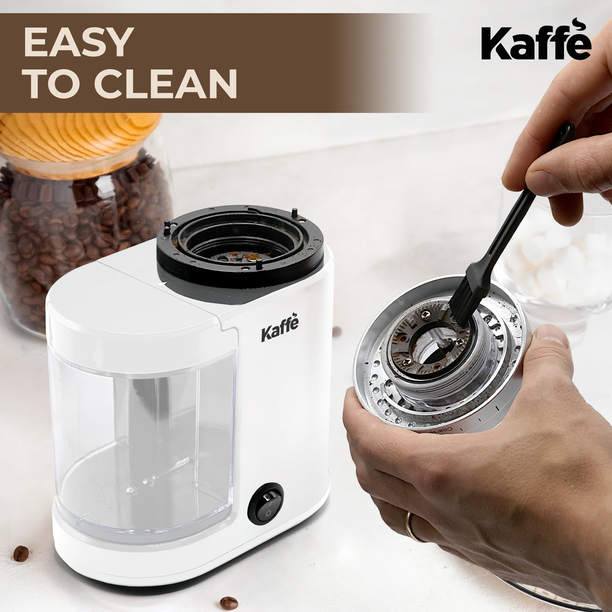 Kaffe Electric Burr Coffee Grinder (5.5oz) w/ Adjustable Coarseness Settings - Flat Burr - [New Upgraded Motor ] - Precision Coffee Bean Grinder for Home Use - White
