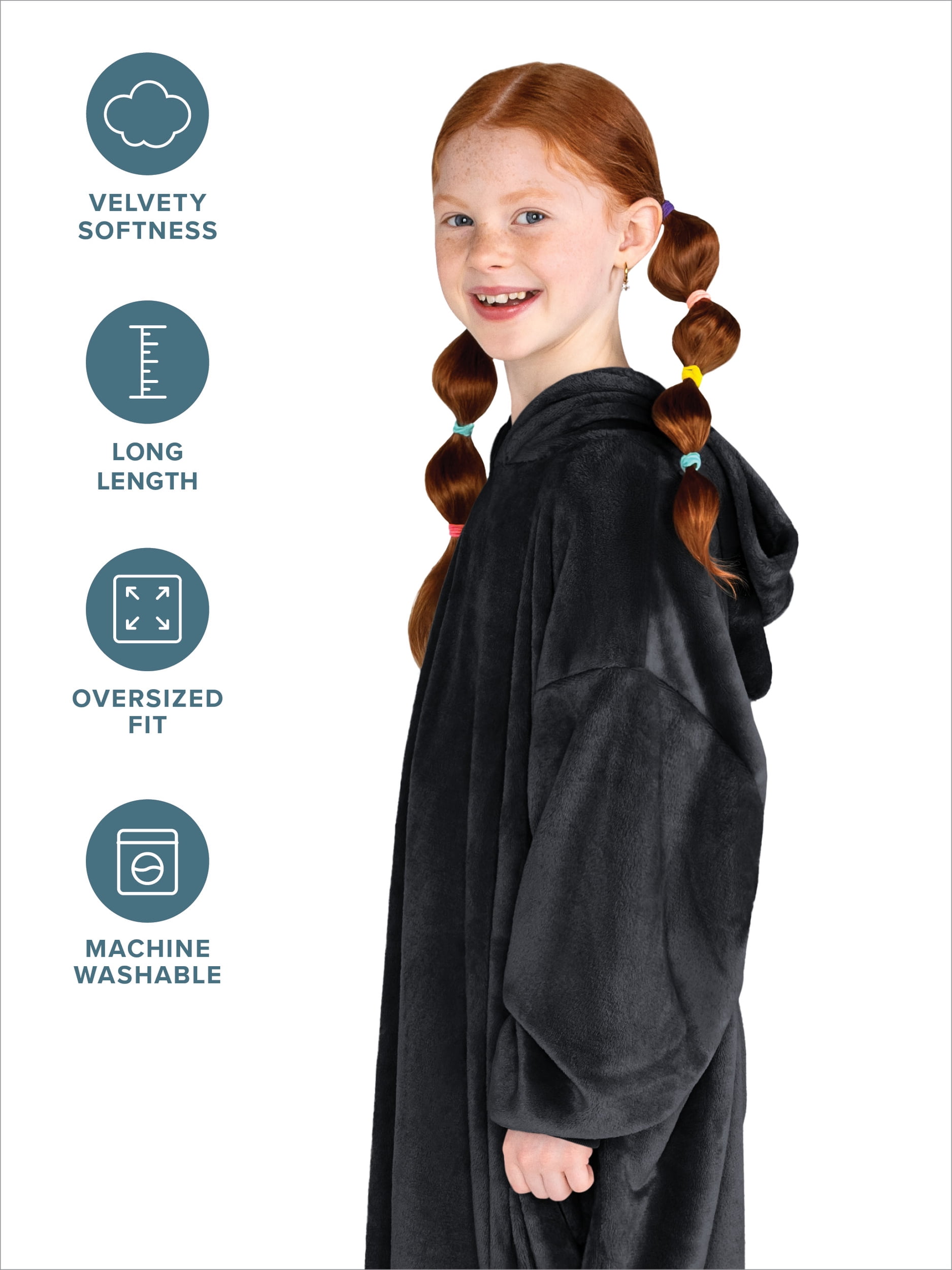 Bare Homey Kids Size Microplush Wearable Blanket - Long Length - Side Pockets - Velvety Soft, Black