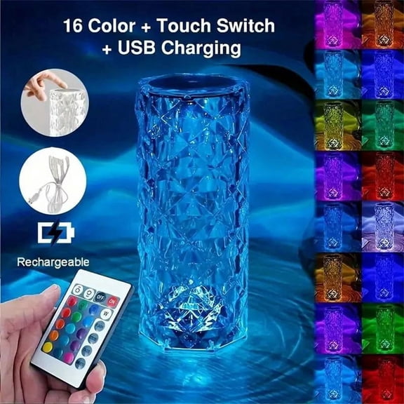 Crystal Table Lamp, Remote and Touch Control Rose Wave Lamp, RGB Color Changing Night Light, Dimmable, USB Rechargeable Decoration Ambient Lighting for Dinner/Bars/Game room/Living Room/Bedroom