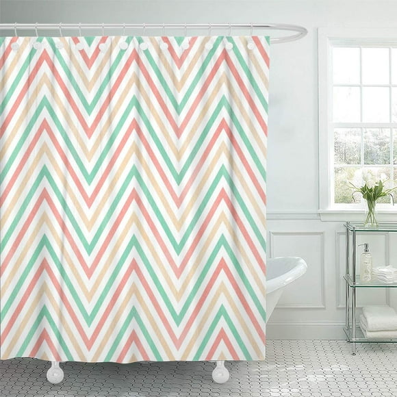 SUTTOM Chevron Watercolor Light Pink Beige and Seafoam Blue Stripes Background Shower Curtain 66x72 inch