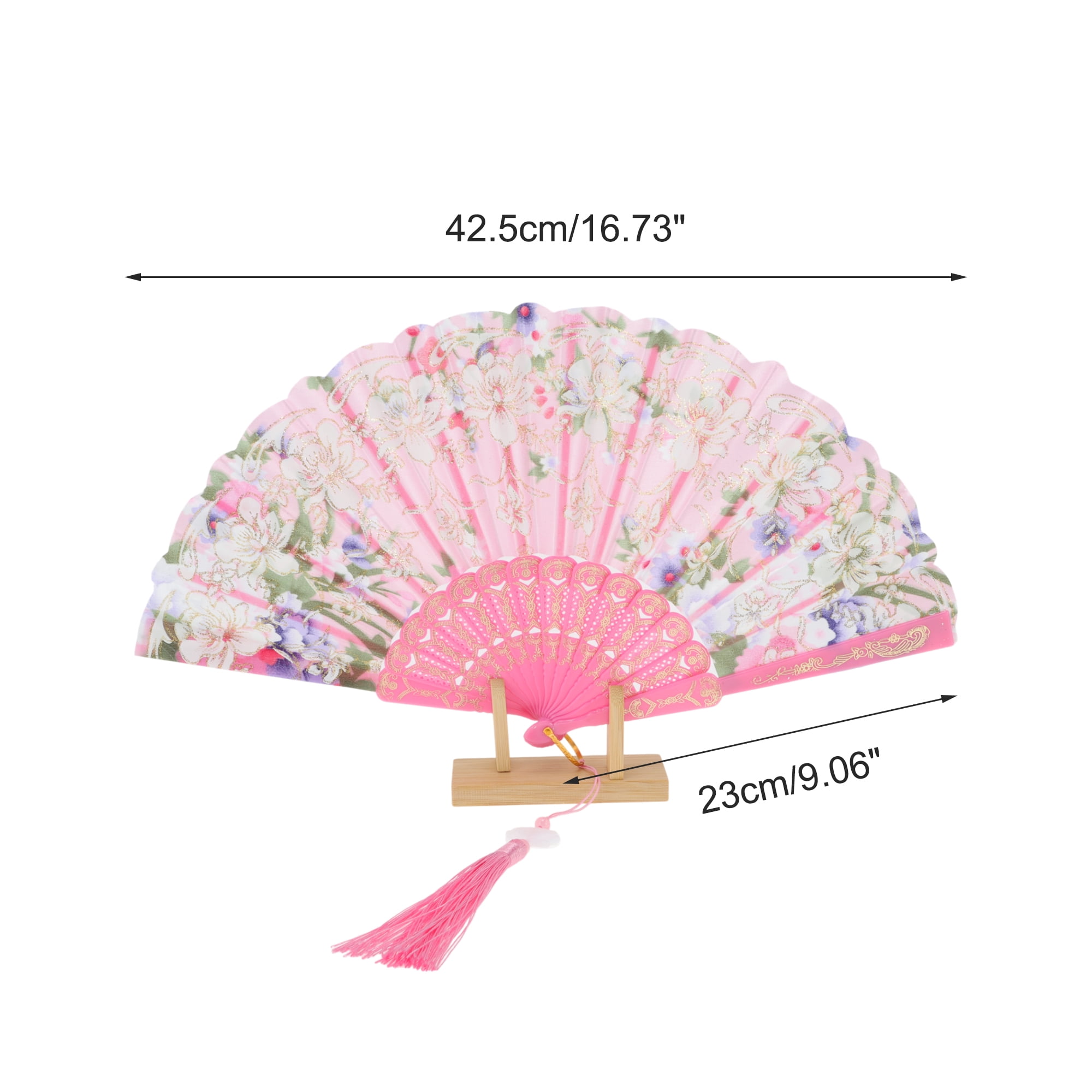 Unique Bargains Floral With Tassel Folding Fan 1Pc Pink