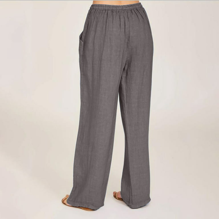 SMihono Deals Women Casual Solid Cotton Linen Drawstring Elastic Waist Long  Wide Leg Pants Full Length Pants for Women 2023 Trendy Women's Casual Pants  & Capris Dark Gray 6 