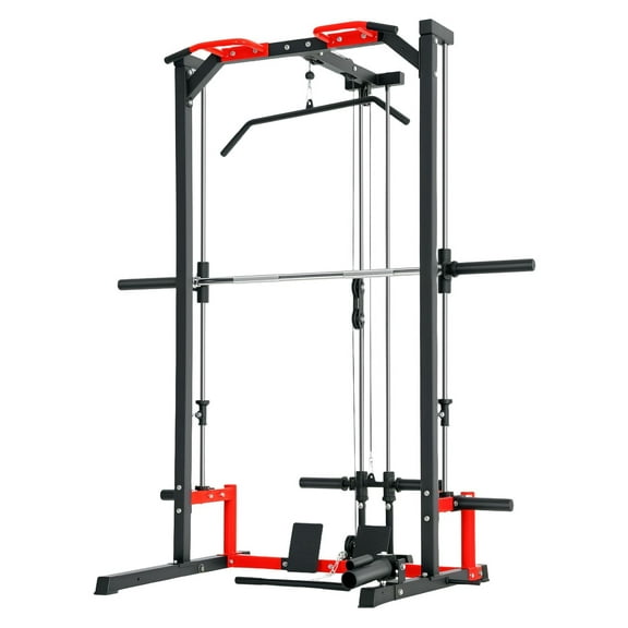 Smith Machine Power Rack, Home Gym Workout Station w/ Pull Up Bar & Lat Pulldown