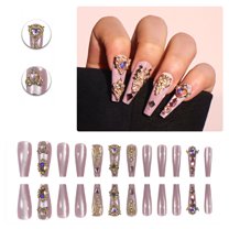 RAGUPEL 24Pcs Glue on Nails for Women,Gold Decoration Press on Nails Coffin,3D Pattern Long Nails,Long Press on Nails for Daily Life,Dating,Party,Taking Pictures,Style3