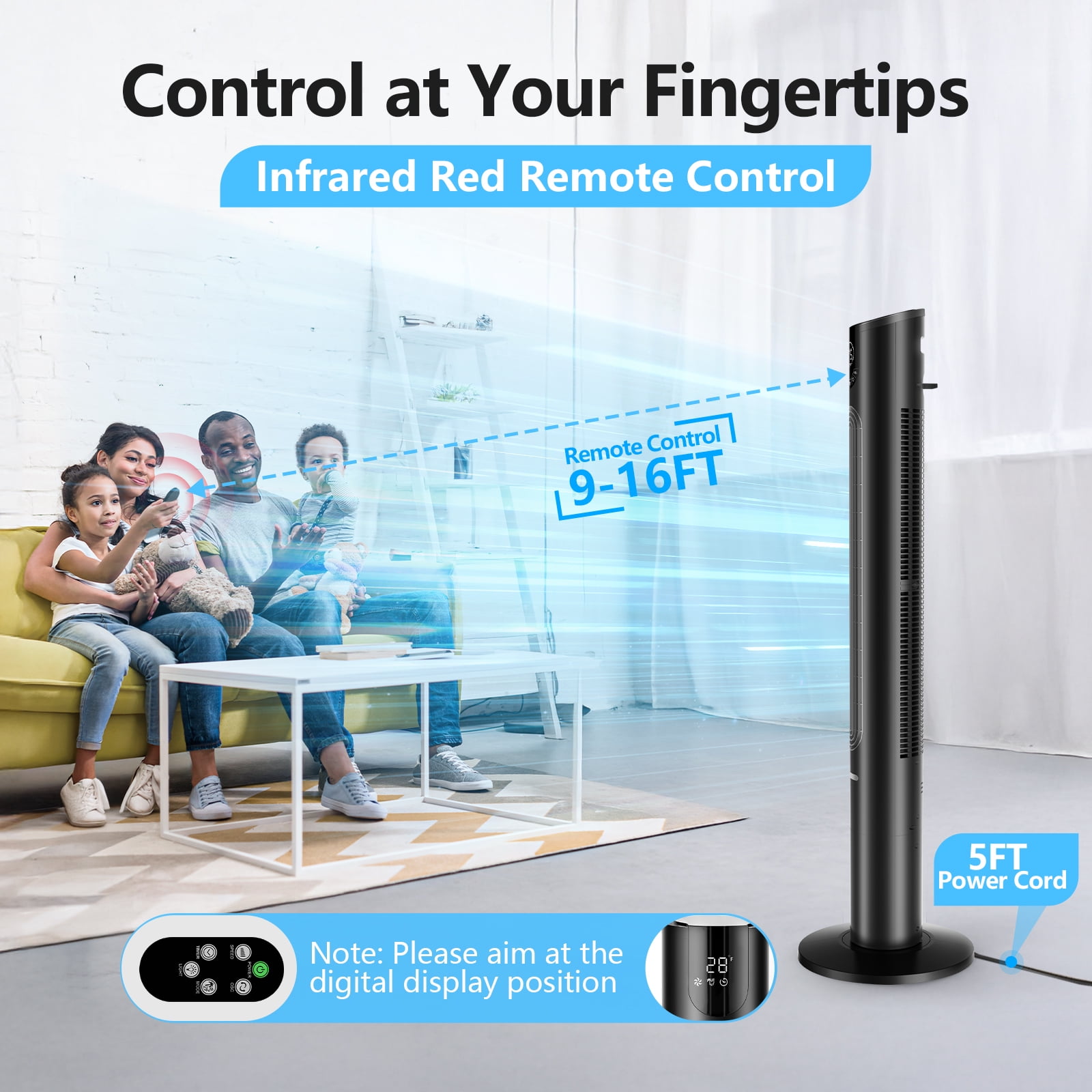 Qunler 45" Tower Fan with Remote, 8 Speed , 4 Modes, 12H Timer, Oscillation, Standing Fan for Bedroom, Office, Home, Black