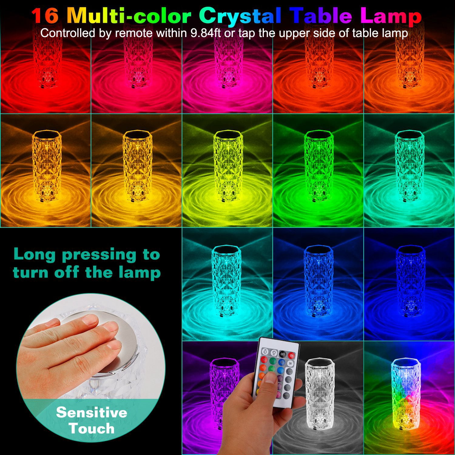 Zorpupoa 2 Pack Crystal Lamp Touch 16 RGB Colors Changing Night Light Rechargeable Crystal Table Lamp Bedside Lamp Cordless Rose Diamond Battery Night Light for Bedroom/Party/Dinner/Decoration
