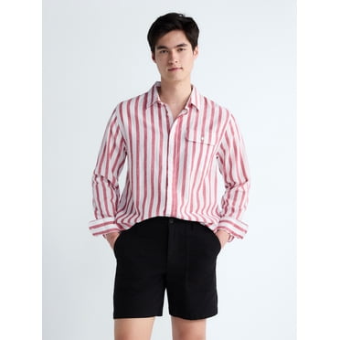 Free Assembly Men's Striped Linen Blend Button Front Shirt with Long Sleeves, Sizes XS-3XL
