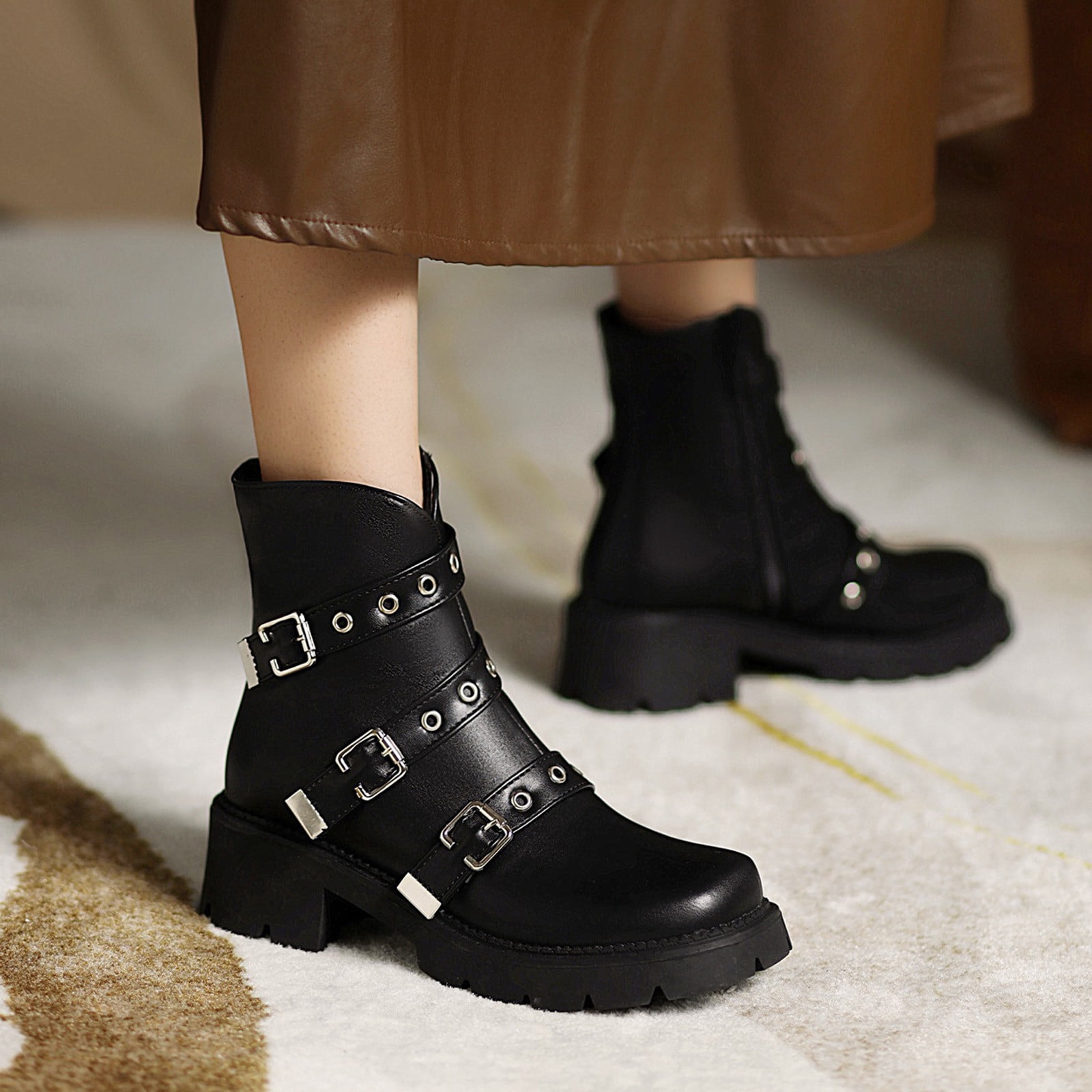 Side Zipper Motorcycle Boots Black 