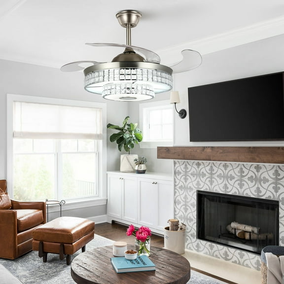 GMizon 42-inch modern minimalist ceiling fan light, variable frequency 7-color lighting bedroom fan light, dining room living room chandelier ceiling fan (silver)