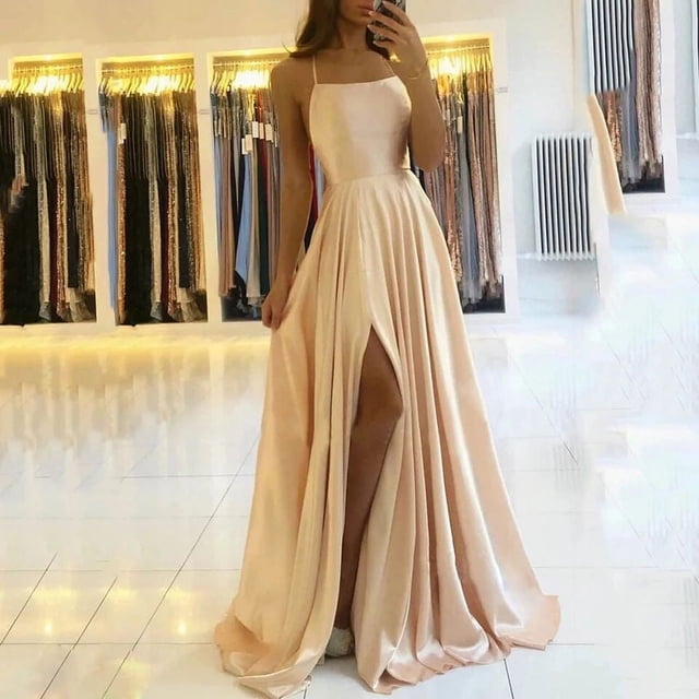 Elegante vestido de noche multicolor con escote en V y tirantes finos de satén brillante