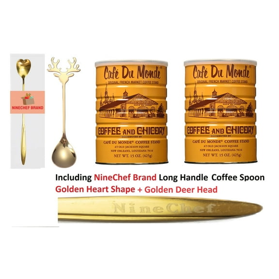 Cafe Du Monde Coffee & Chicory Blend, 15 Oz. (2 x 15 Ounce Packs)   One NineChef Spoon