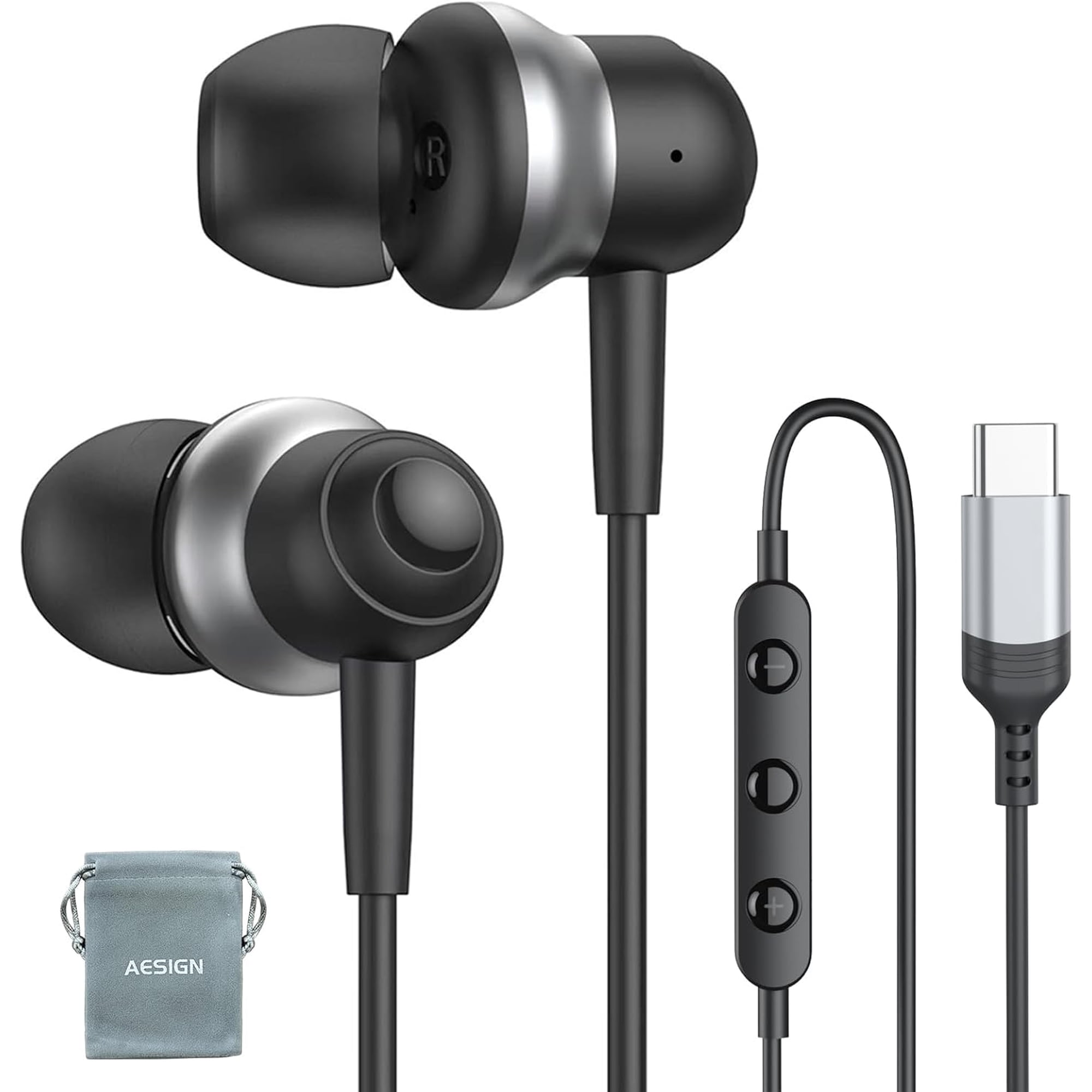 USB C Headphone for Samsung S25 S24 S23 Ultra FE S22 A55 A54 A16 Wired Earbuds Magnetic in-Ear Type C Earphone with Microphone Volume Control Stereo Noise Canceling for iPhone 16 Pro Max Pixel 9 8a