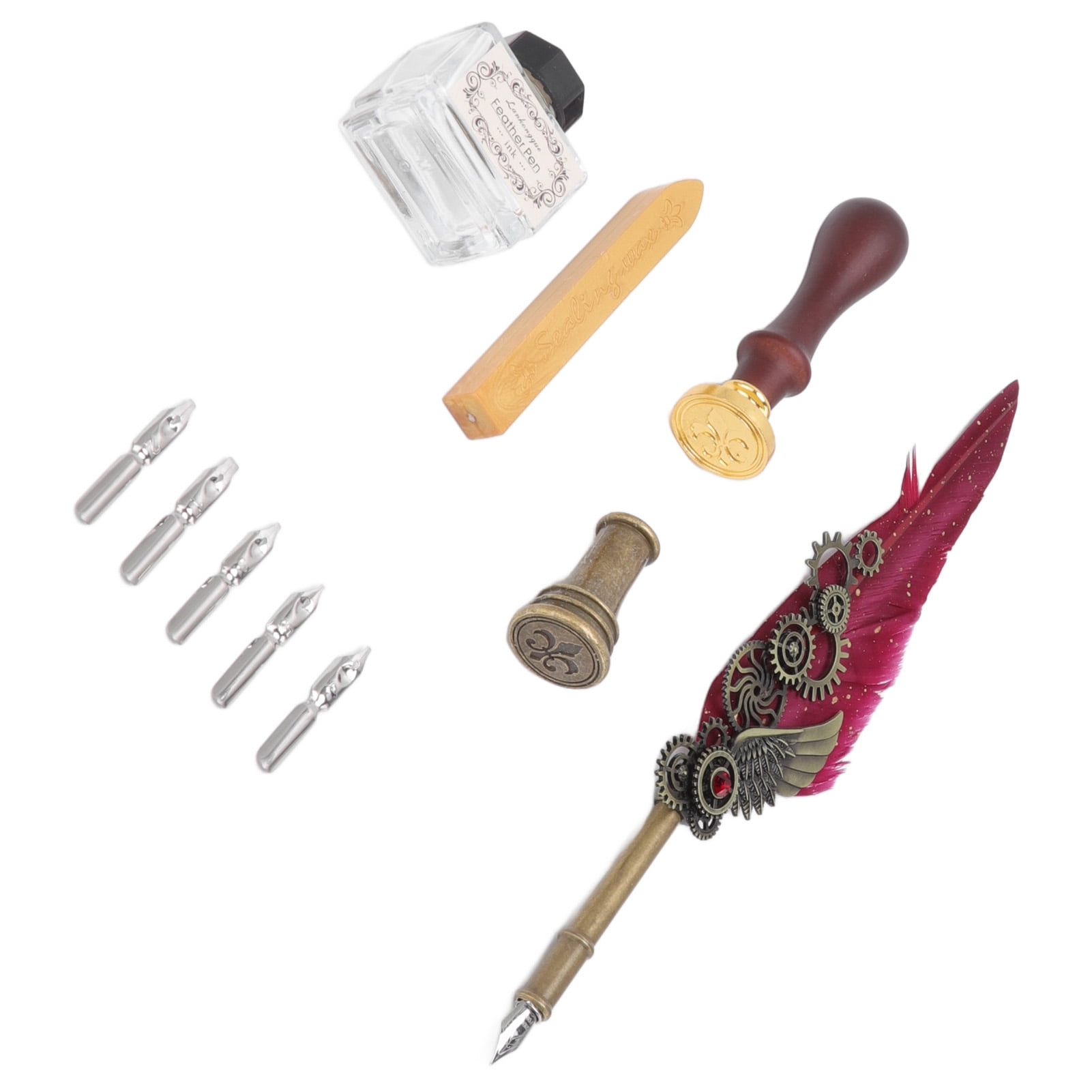Nieyigj Vintage Mechanical Feather Quill Dip Pen Set with Brass Base, Wax Seal Stamp, and 5 Replacement Nibs - Elegant Wine Red Calligraphy Writing Kit for Artists and Beginners