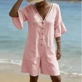 thumbnail image 5 of Jumpsuit for Women Casual Summer Rompers Fashion Solid V-Neck Short Sleeve Beach Vacation Pockets Button Short Jumpsuit, 5 of 9