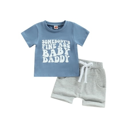

Qtinghua Newborn Baby Boy Summer Outfits Short Sleeve Letter Print T-Shirts Tops Casual Jogger Shorts Set Blue 18-24 Months