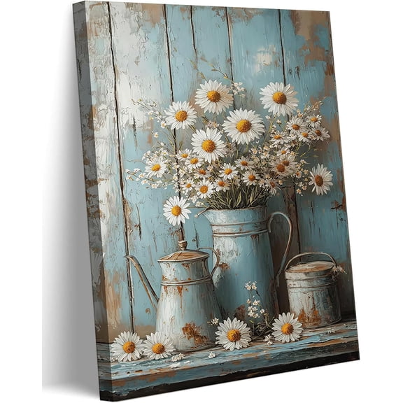 Framed Rustic Farmhouse Daisy Canvas Wall Art - Vintage Country Floral Still Life Botanical Prints, Ready to Hang Wall Decor for Living Room, Bedroom, Bathroom & Hallway