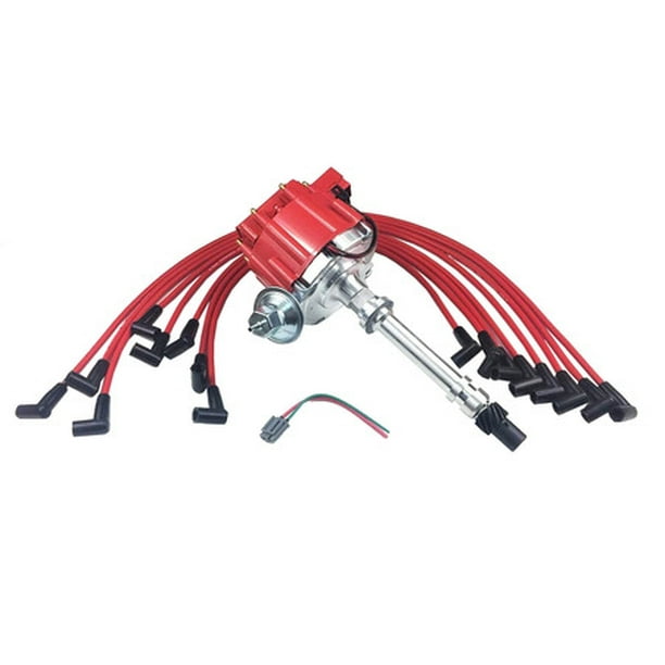 A-Team Performance SBC CHEVY 283 350 HEI Distributor + RED 8mm SPARK PLUG  WIRES OVER VALVE COVER 